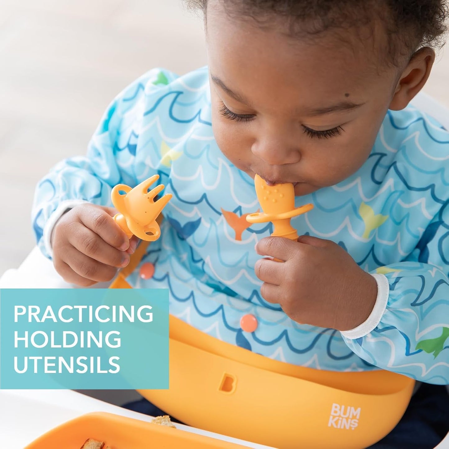 Bumkins Baby Utensils Set, Chewtensils Silicone Spoons for Dipping, Self-Feeding, Baby Led Weaning, Trainer Learning, First Stage Eating, Soft Practice Fork and Spoon, Babies 6 Months, Tangerine