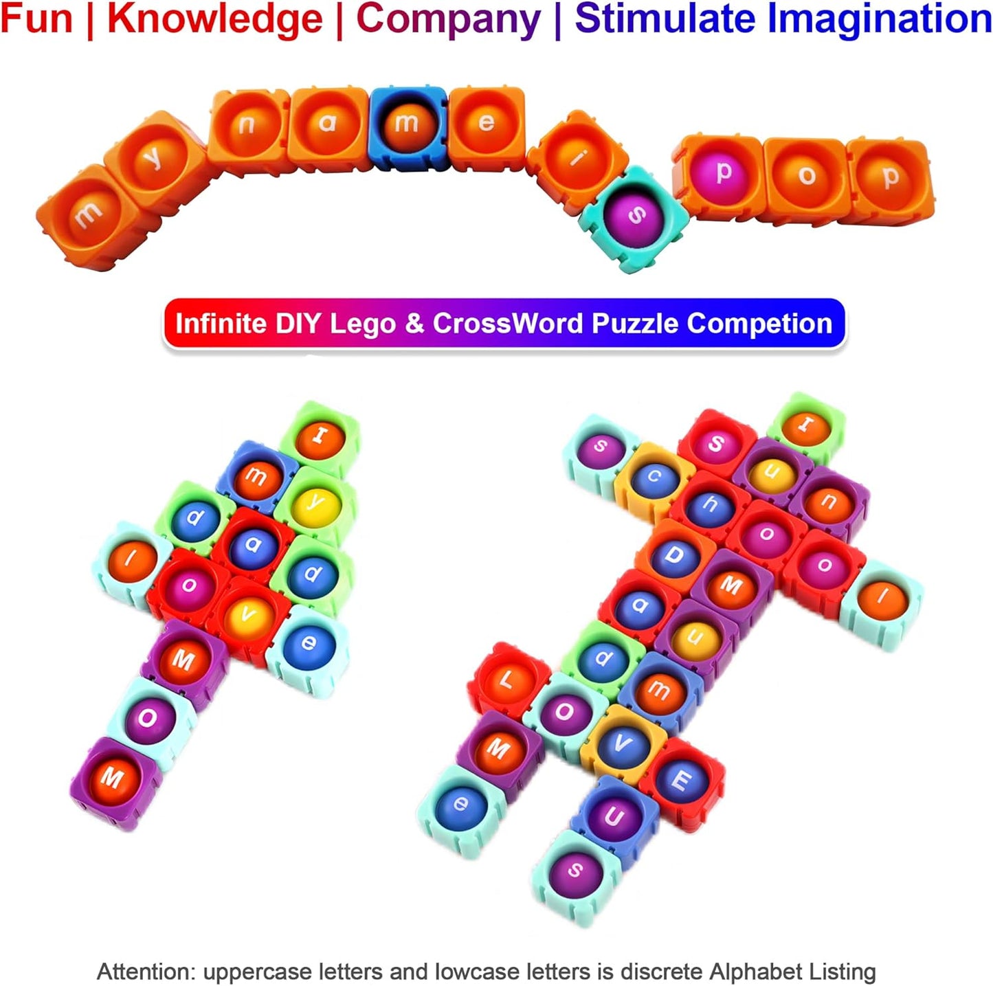 Lowercase Alphabet Multisensory Reading&Phonics Interactive Tools。Giant Silicone Bubble&Loud Crisp Sound&Infinite DIY Sight Words。Funny Learning Reading&Spell in Weeks by Pop Fidget Blocks