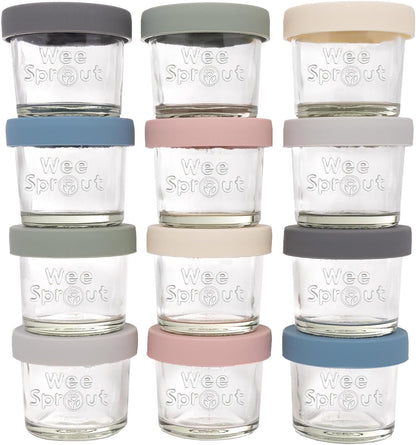 WeeSprout Glass Baby Food Storage Jars w/Lids (4 oz, 12 Pack Set) Snack, Puree, Reusable Small