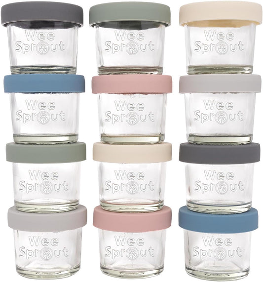 WeeSprout Glass Baby Food Storage Jars w/Lids (4 oz, 12 Pack Set) Snack, Puree, Reusable Small