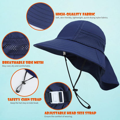 Toddler Baby Sun Hat Kids Summer UPF 50+ for Boys Girls Adjustable Beach Hats with Bucket Wide Brim Age 1-7 Years