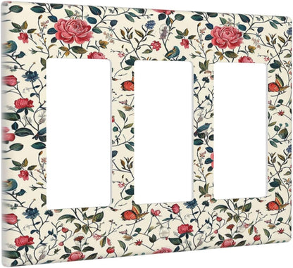 Light Switch Covers Vintage Flowers Rose Leaf Bird Butterfly 3 Gang Rocker Electrical GFCI Decorative Triple Outlet Wall Plate Cover Switchplate for Bedroom living Room Decor