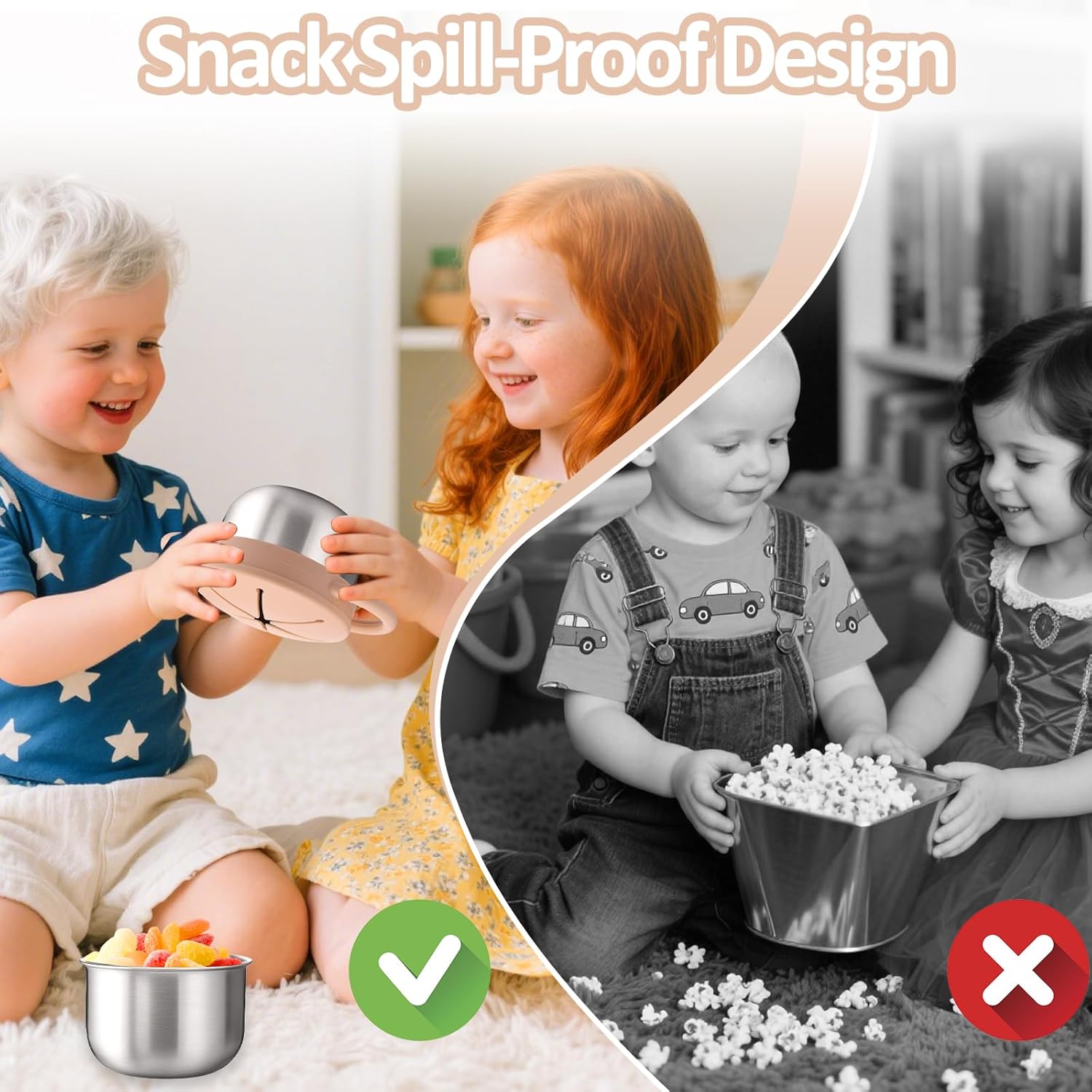 BUSOHA 2 Pack Stainless Steel Toddler Snack Cups - 9 OZ Spill-Proof Baby Snack Containers with