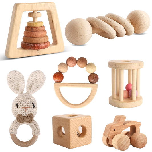 Wooden Toys for Babies, 7PCS Wooden Baby Rattle for 7-24 Months Boys Girls, Natural Wood Montessori