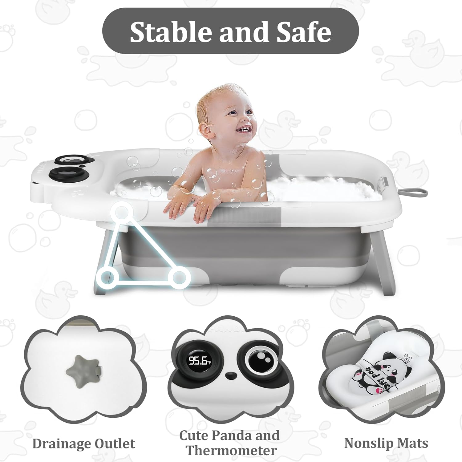 Foldable Baby Bathtub, Lightweight Bathtub for Infants to Toddlers with Soft Cushion & Thermometer