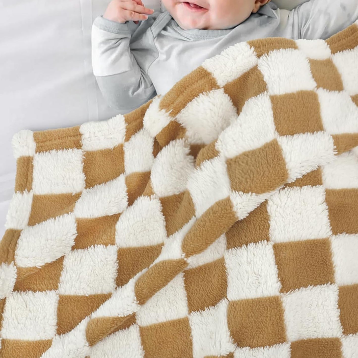 HOMRITAR Super Soft Baby Blankets for Boys Girls Warm Cozy Reversible Checkerboard Toddlers Blanket, Fluffy Fuzzy Plush Lightweight Bed Blanket with Chessboard Grid Design 350GSM Khaki 30 x 40 Inch