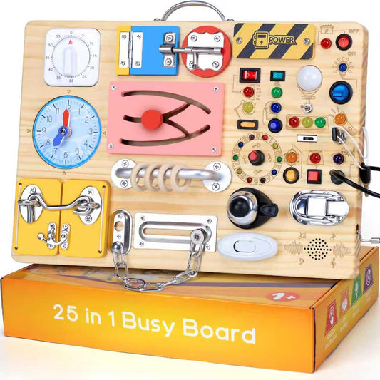 25 in 1 Busy Board with 13 LED Light Switches and 12 Activity, Montessori Toys for 1 2 3 Years Old