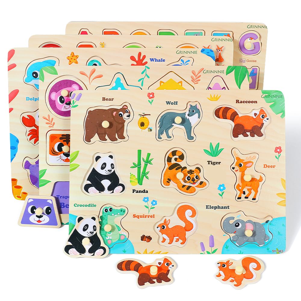 GRINNNIE Wooden Puzzles for Toddlers 3 4 5 Years Old, Montessori Toddler Toys 5PCS Peg Puzzles with