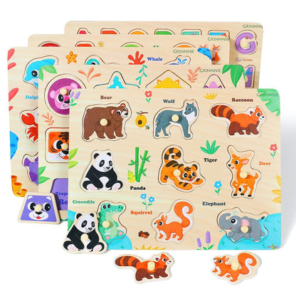 GRINNNIE Wooden Puzzles for Toddlers 3 4 5 Years Old, Montessori Toddler Toys 5PCS Peg Puzzles with