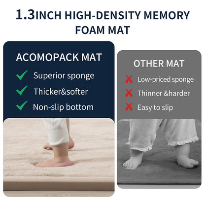 ACOMOPACK Baby Play Mat for Floor 1.3" Thick Memory Foam Play Mat 71"×79" Tummy Time Crawling with Non-Slip Bottom for Living Room,Nursery,Soft Velvet Playpen Mats for Kids,Infants（Beige）