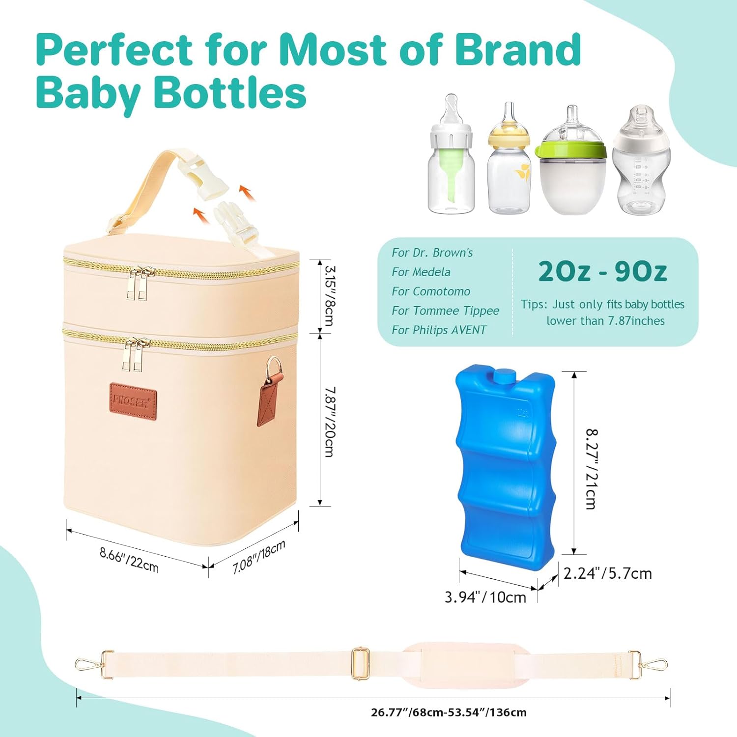PIIOSER Breastmilk Cooler Bag with Ice Pack Fits 6 Baby Bottles Up to 9 Ounce, Insulated Baby