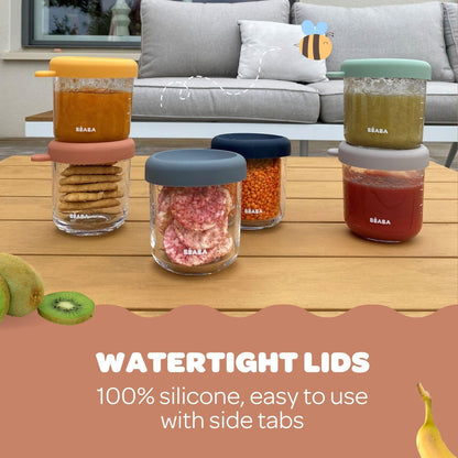 BEABA 8 oz Glass Baby Food Jars with Soft Silicone Air Tight Lids, Glass Storage Containers with