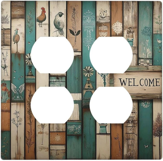 Outlet Covers Vintage Wood Brown Turquoise Splicing 2 Gang Double Duplex Decorative Light Switch