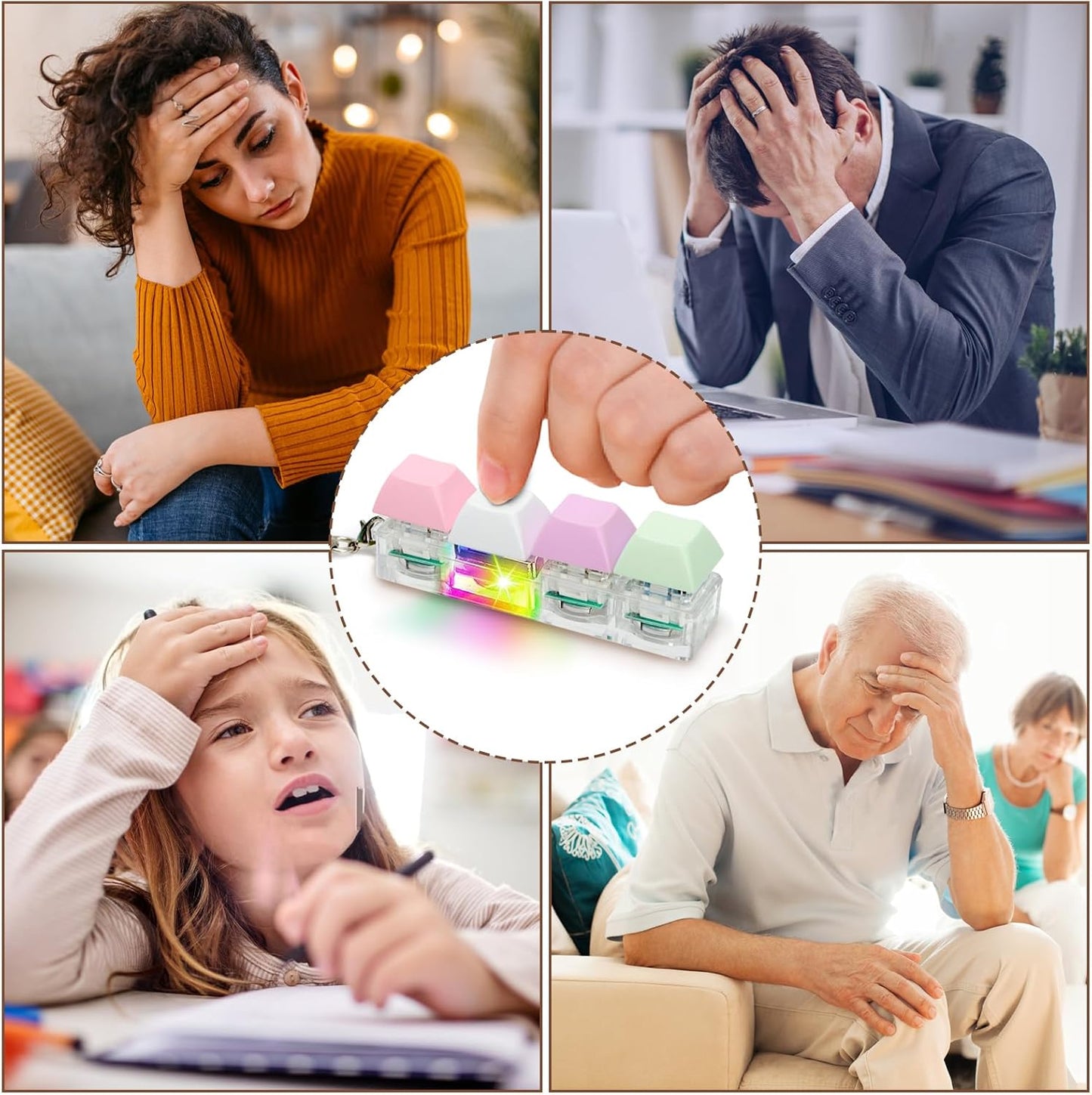 Keyboard Fidget Toys for Adults Keyboard Clicker with LED Light Keychain Fidget Sensory Fun Toys for Anxiety Decompression (Macaroon2, 4 in 1)