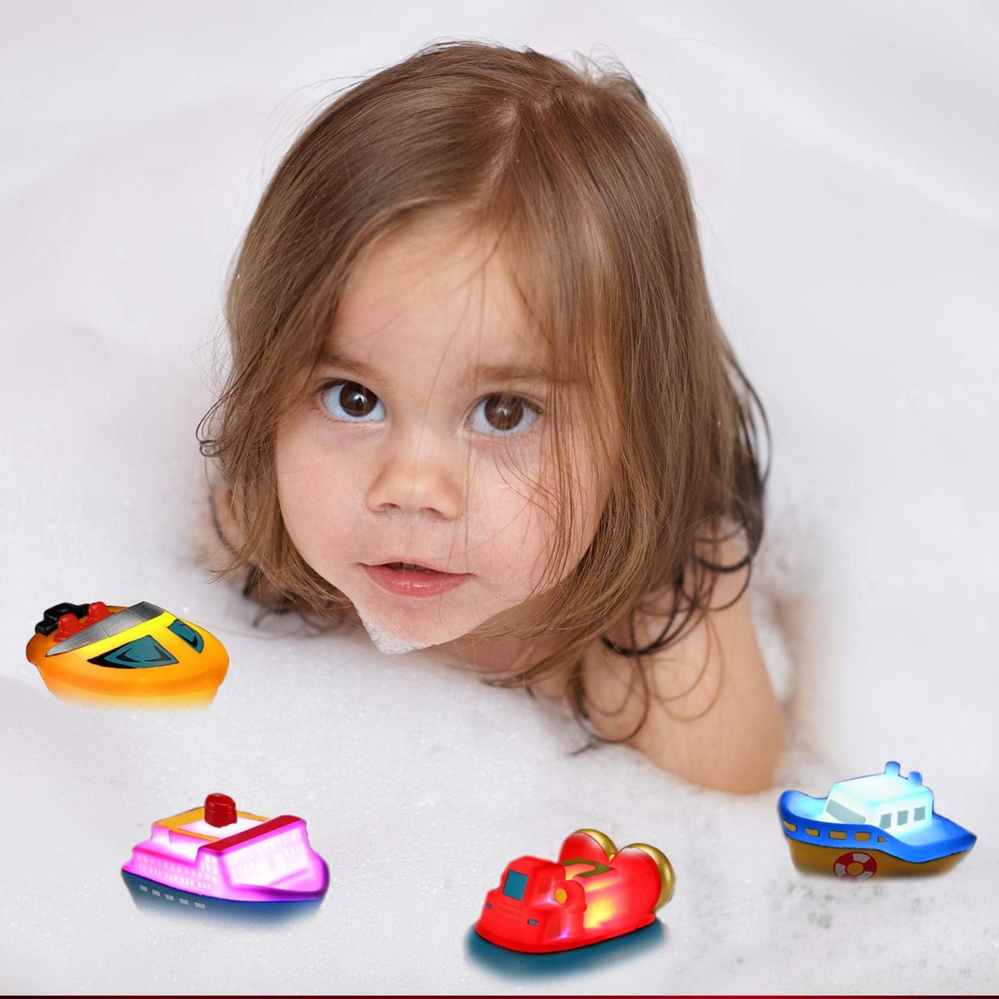 Bath Toys, 6 Packs Light up Boat Floating Rubber Set, Flashing Color Changing Light in Water, Tub