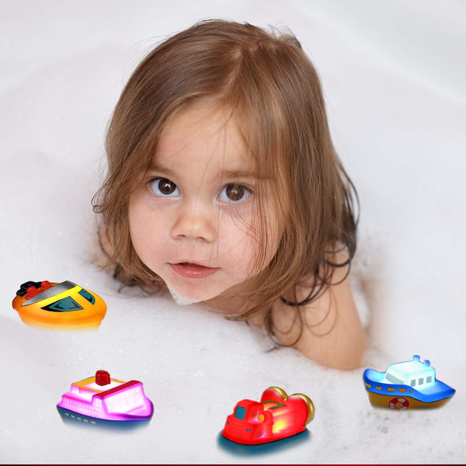 Bath Toys, 6 Packs Light up Boat Floating Rubber Set, Flashing Color Changing Light in Water, Tub