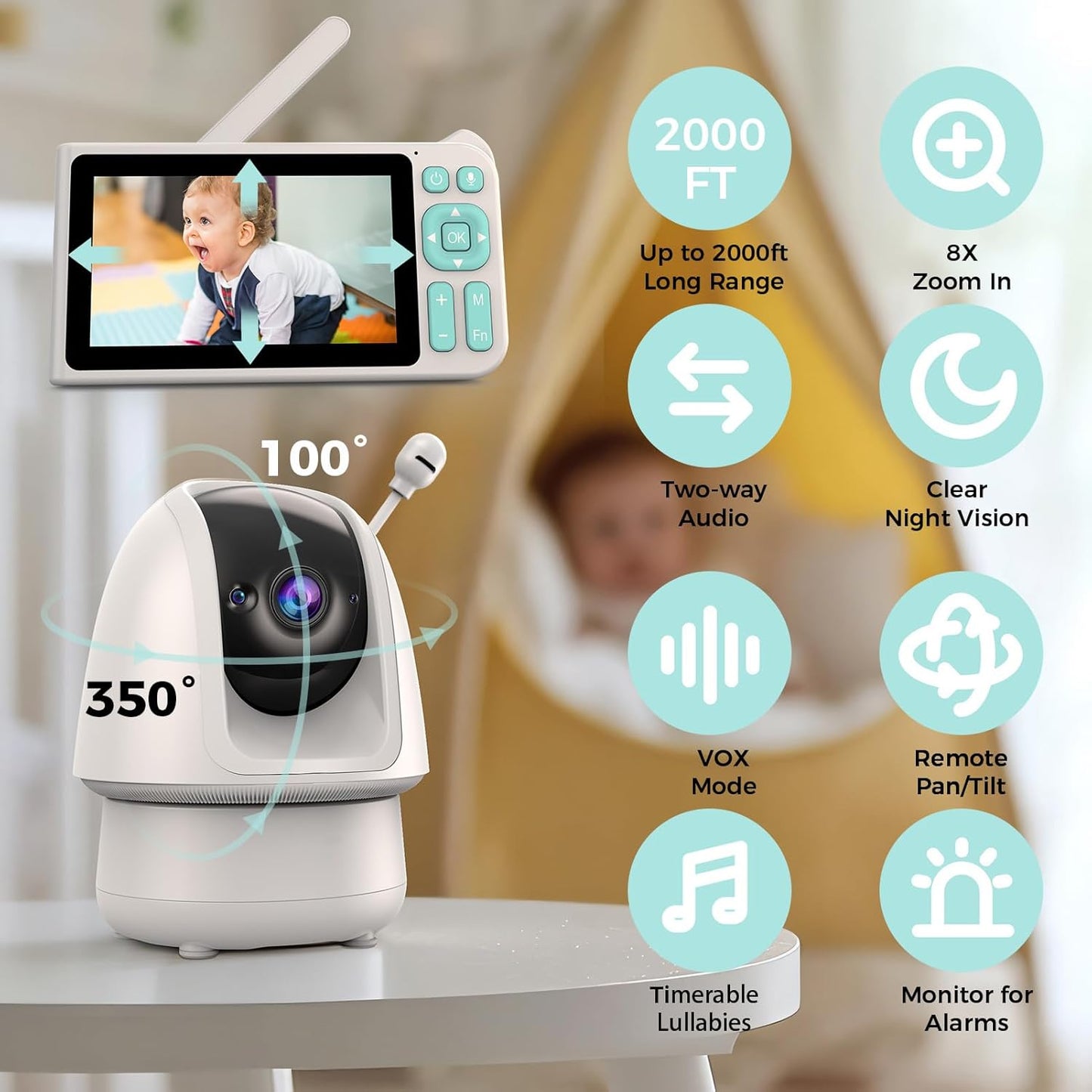 Video Baby Monitor, 2000ft Long Range, Enhanced Signal Stability, No WiFi, 5" HD Screen, 5000mAh, 1080p Camera, Super Clear Night Vision, Pan-Tilt-Zoom, 2-Way Audio, AI Cry & Motion Alarm