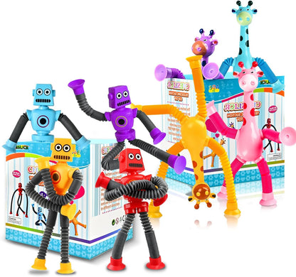 Autism Sensory Toys for Kid Boys Year Old Ages 4 5 6 7 8 9 10(8PCS), Suction Robot Toy Pop Tube Fidget Toys Autistic Travel Toys Valentine's Day Gift Easter Basket Stocking Stuffer for Kids