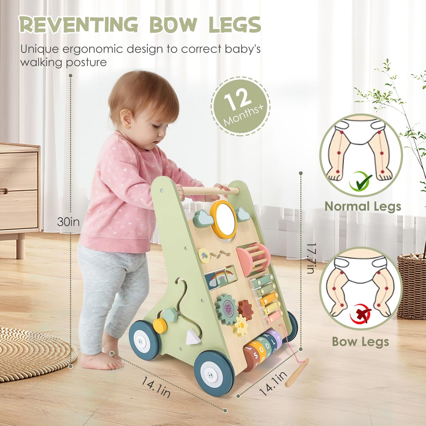 Baby Push Walker, Wooden Baby Walker with Wheels, Montessori Walker for Babies 12 Months