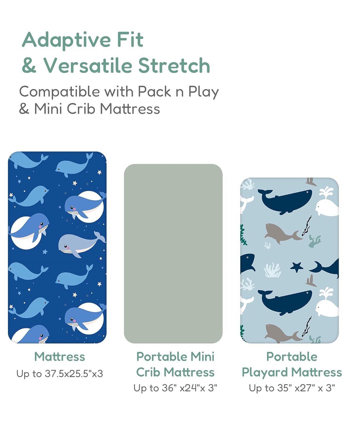 Pack and Play Sheets Fitted, Navy Whale+Blue, Ultra Soft, Breathable and Cozy, Hypoallergenic, 2
