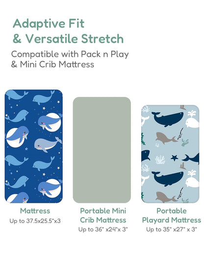 Pack and Play Sheets Fitted, Navy Whale+Blue, Ultra Soft, Breathable and Cozy, Hypoallergenic, 2
