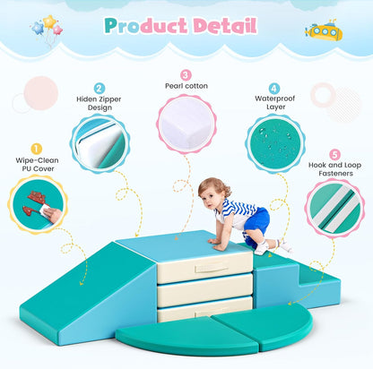 Lischwert Foam Climbing Blocks for Toddlers 1-3, 5pcs Foldable Soft Play Set with Crawling Exploration Toys - Indoor Infant Safe Blocks for Baby Gym & Toddler Playground - Blue