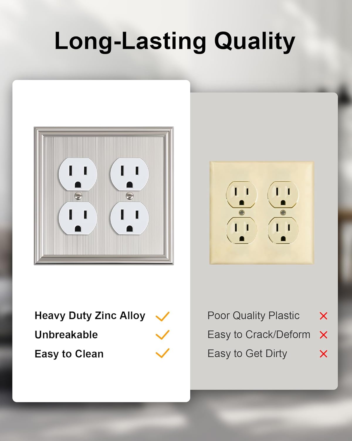 2-Pack Double Duplex Outlet Cover, Brushed Nickel Decorative Switch Plates and Outlet Covers for Electrical Outlets, Durable Zinc Alloy Wall Plates, 2 Gang Receptacle Cover