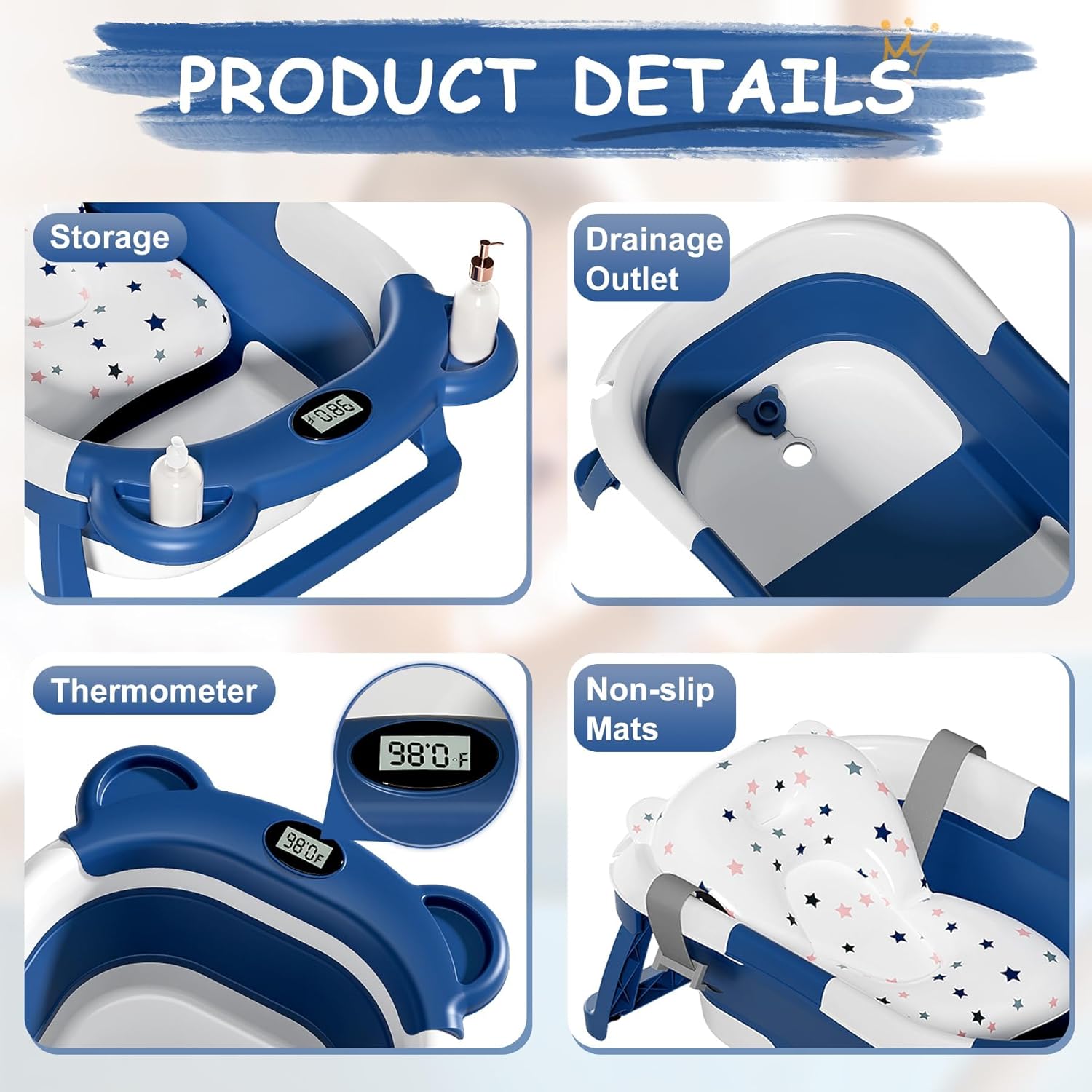 TPN Collapsible Baby Bathtub for Infants to Toddler with Real-time Temp Monitor+Floating