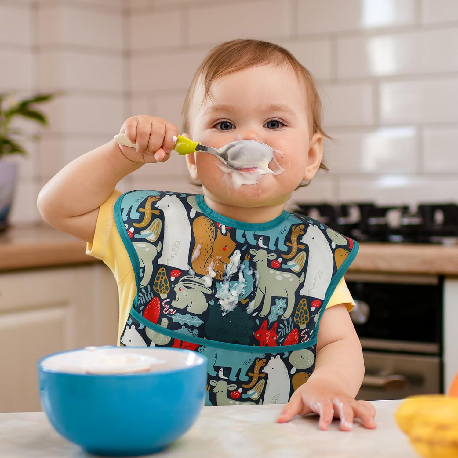 Mess Proof Baby Bib 3 Pack, Waterproof Led Weaning Baby Feeding Bibs with Food Catcher, Travel