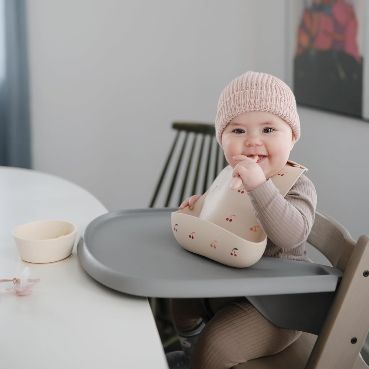 mushie Silicone Baby Bib | Adjustable Fit Waterproof Bibs (Cherries)