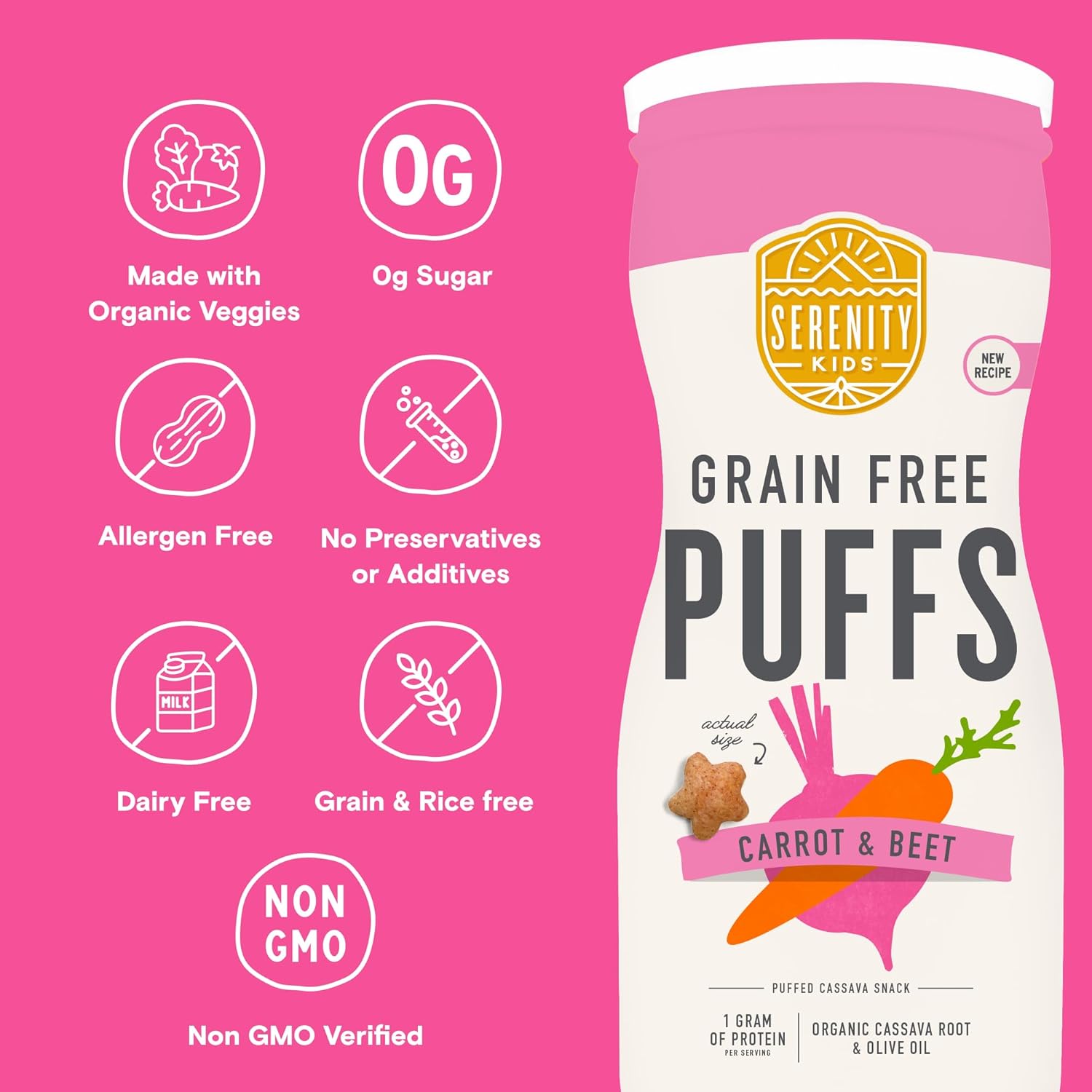 Serenity Kids 6+ Month Grain-Free Baby Veggie Puffs - No Added Sugar - Gluten-, Rice-, Dairy- &