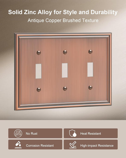 2-Pack Triple Toggle Light Switch Cover Plate, Durable Solid Zinc Alloy Decorative Switch Plate Covers, Antique Copper 3 Gang Wall Plate, Corrosion Resistant
