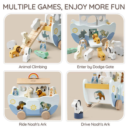 Joyreal Wooden Noah's Ark Toy for 1 Year Old Baby Boy and Girl Baptism Gift
