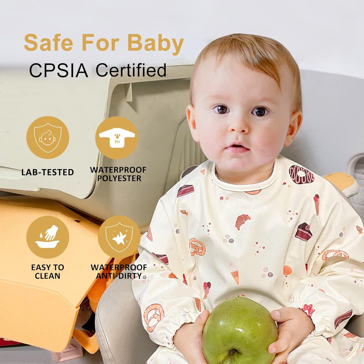 Long Sleeve Baby Bibs for Toddlers, Waterproof, Boys Girls Smock with Food Catcher Pocket for Feeding, Eating