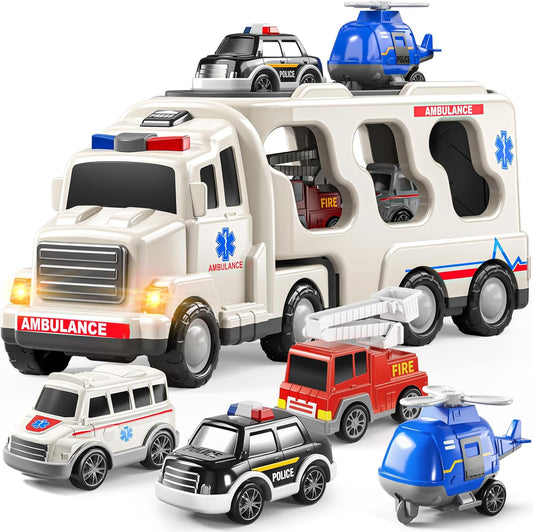 TEMI 5 Pack Ambulance Vehicle Toddler Truck Toys for 3 4 5 6 Year Old Boys, Friction Powered Cars with Toy Helicopter, Police Car, Fire Truck, Ambulance Car, Birthday Gifts for Girls Age 3-9