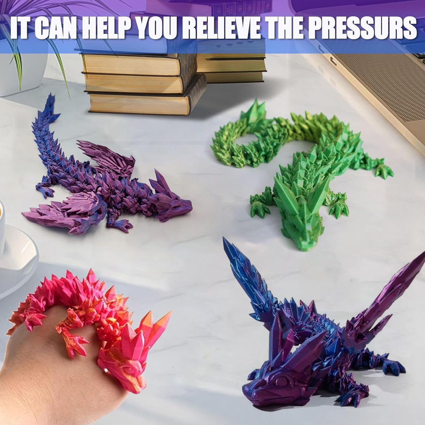 3D Printed Dragon with Wings, 2 Pack Mystery Dragon Fidget Toy, Mythical Pieces Articulated Luminous Dragon, Home Office Decor Executive Desk Toys