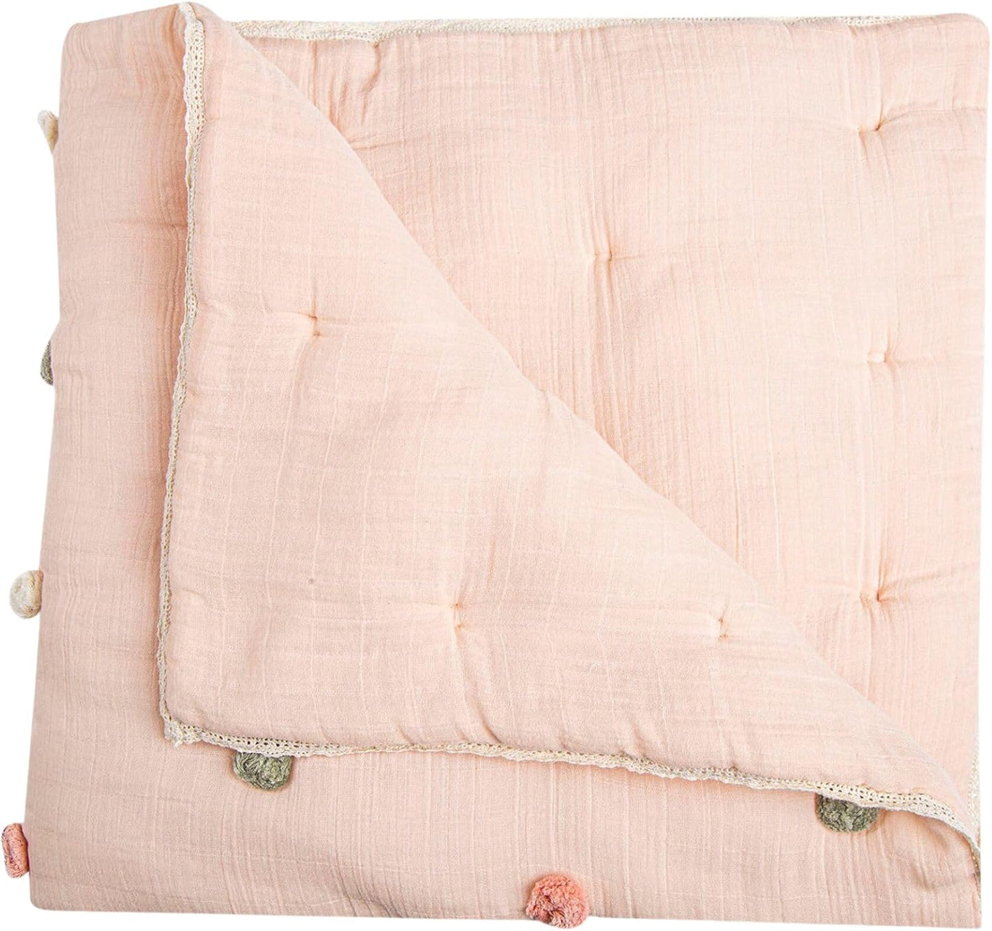 Crane Baby Soft Cotton Muslin Nursery Blanket with Pom Pom Trim, 36" X 36", Stroller Blanket for