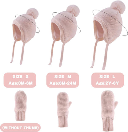 Basic Winter Baby Beanie Gloves Boys Girls Knitted Hat Pompom Kids Earflap Hats Warm Infant Toddler Beanie Mittens Set