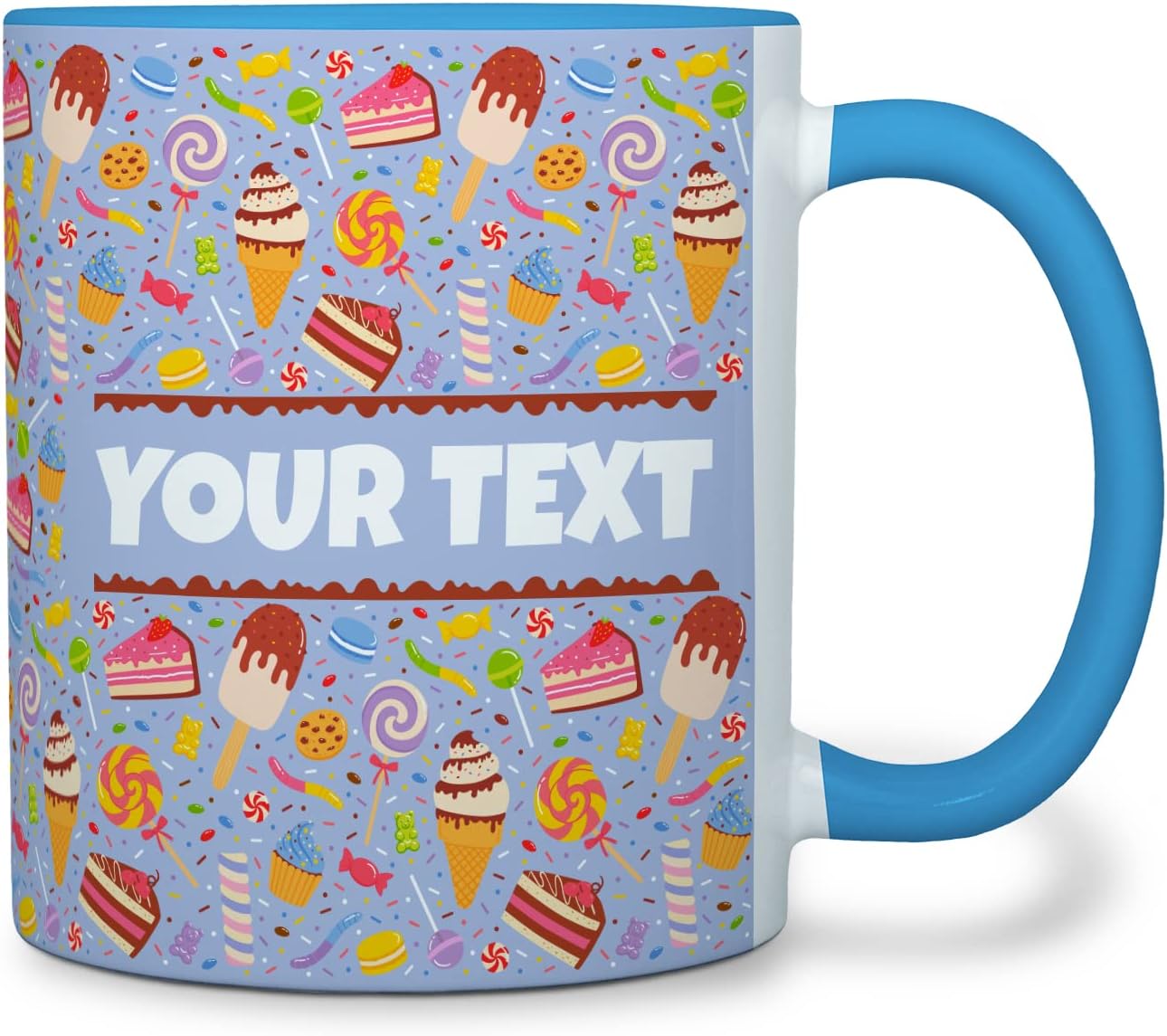 Personalized Mug for Kids - Sweets - Custom Name/Text, Ceramic Hot Chocolate/Cocoa/Coffee Cup for Boys/Girls, Birthday/Christmas/Holiday Gift - 11 oz, Light Blue Handle