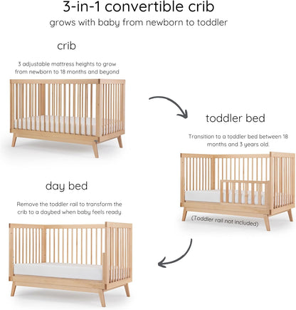 dadada Baby Soho 3-in-1 Convertible Wooden Crib to Toddler Bed - Made in Italy, GREENGUARD Gold Certified, Baby-Safe Finish, Sustainable Beech Wood, Modern Design, 3 Adjustable Heights (Natural)