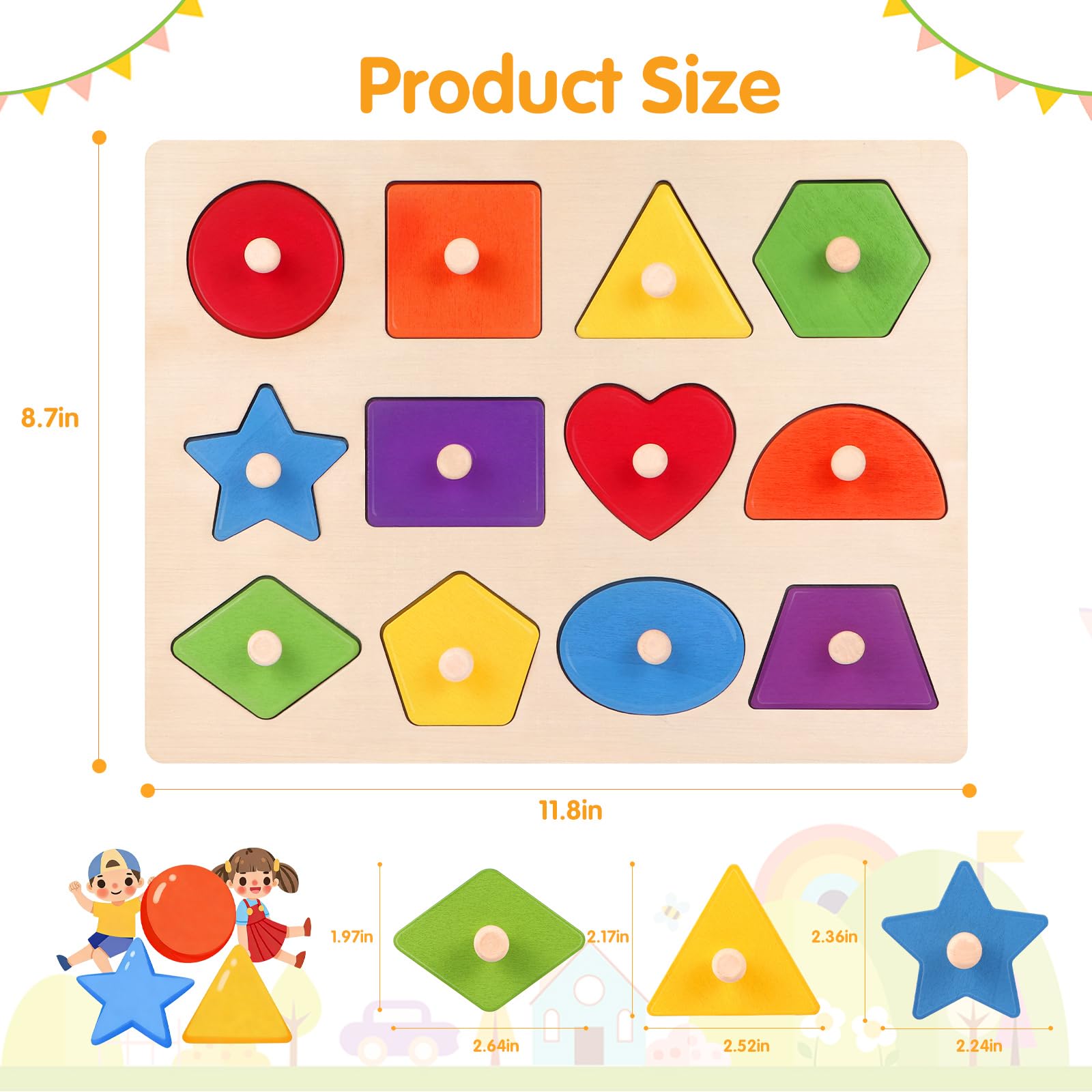 JOLSNAF Montessori Wooden Peg Shape Puzzles for Toddlers