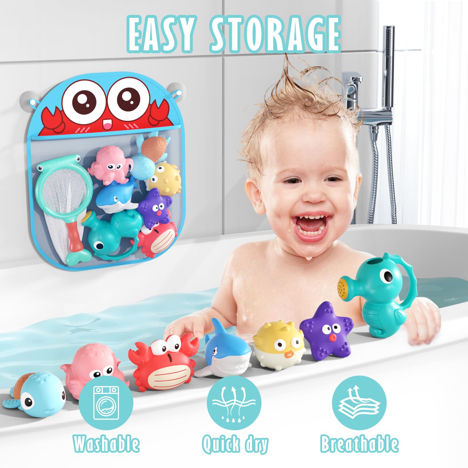 Mold Free Bath Toys for Toddlers 1-3, No Hole Ocean Animal Bathtub and Pool Toys with Mesh