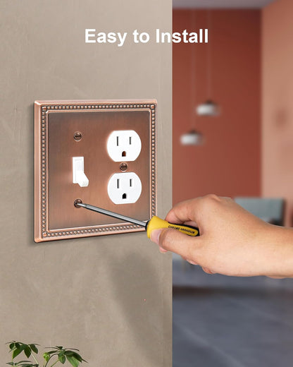 2-Pack Combo Toggle/Duplex Light Switch Cover Plate, Antique Copper Metal Wall Outlet Cover Plate, Decorative Classic Beaded Wall Socket Receptacle Cover for Electrical Outlets, Light Switch
