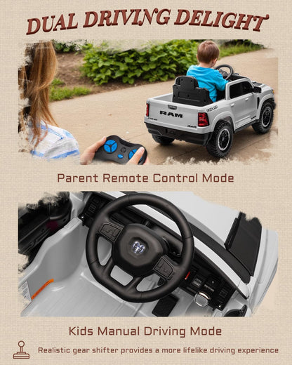 Licensed Ram 1500 RHO 12V Kids Ride on Truck, Toddler Ride on Toys with Remote Control, Children Electric Vehicles with Truck Bed Storage, Smooth Start, Music, Bluetooth (White)