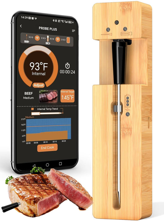 Real-Time Alerts Wireless Meat Thermometer - Smart Bluetooth Meat Probe for Grill, BBQ, Oven