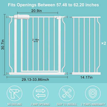 WAOWAO Baby Gate 57.48-62.17" Extra Wide Pressure Mounted Walk Through Swing Auto Close Safety White Metal Toddler Kids Child Dog Pet Puppy for Stairs,Doorways,Kitchen