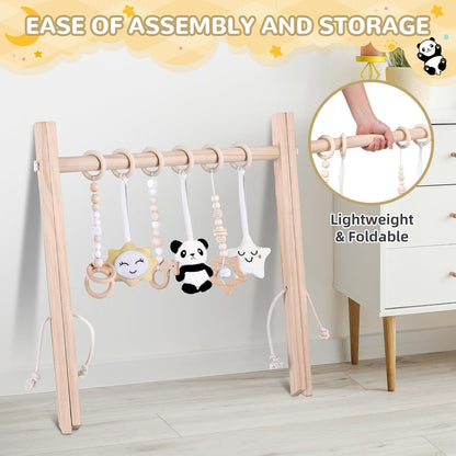 Baby Play Gym with Mat – Wooden Montessori Gym for Newborns 0-12M,Natural Pine Wood with 6 Sensory Toys,Foldable & Portable (Koala)