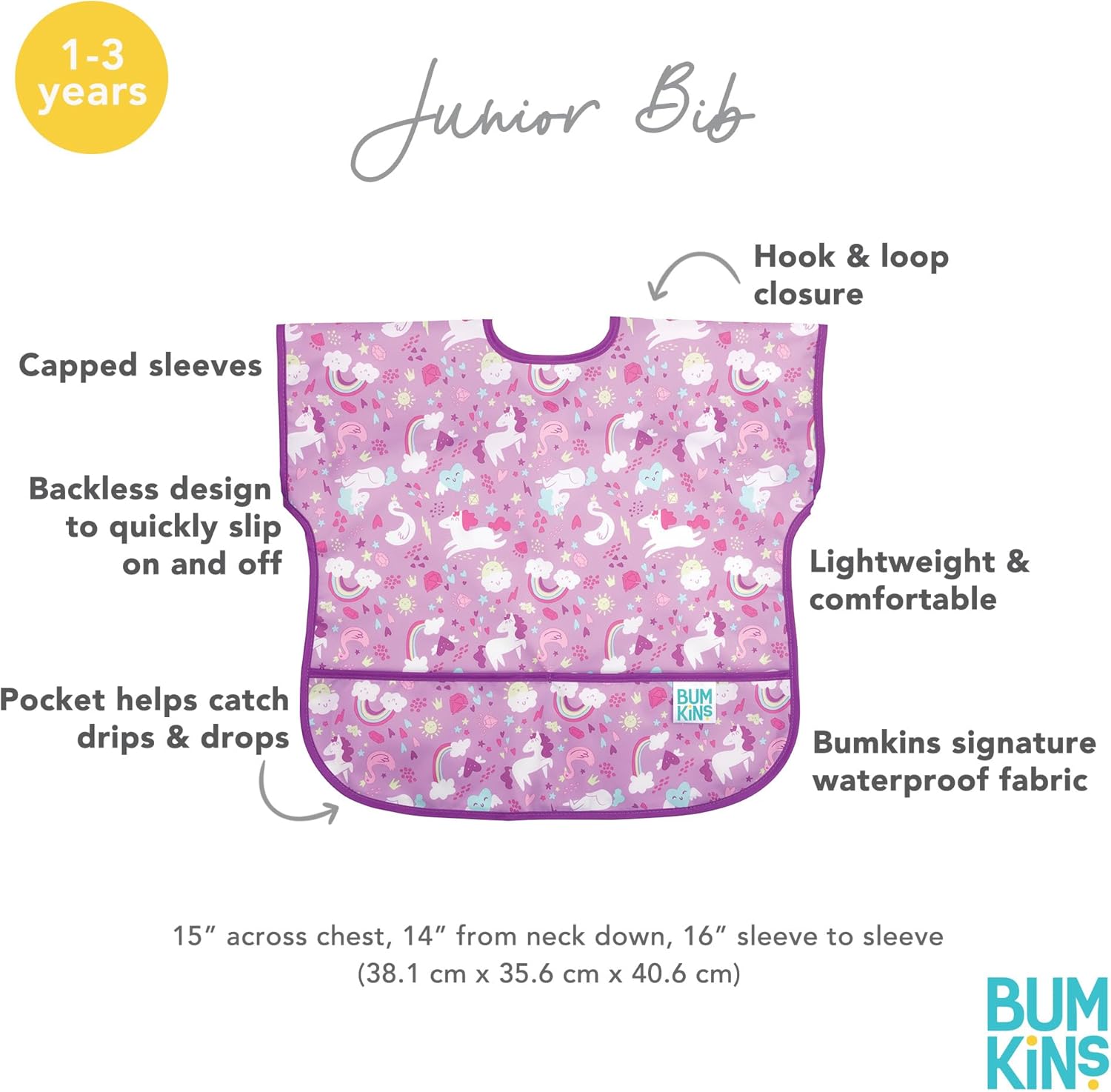 Bumkins Bibs - Toddler Bibs, Waterproof, Large for 1-3 Years, Short Sleeve