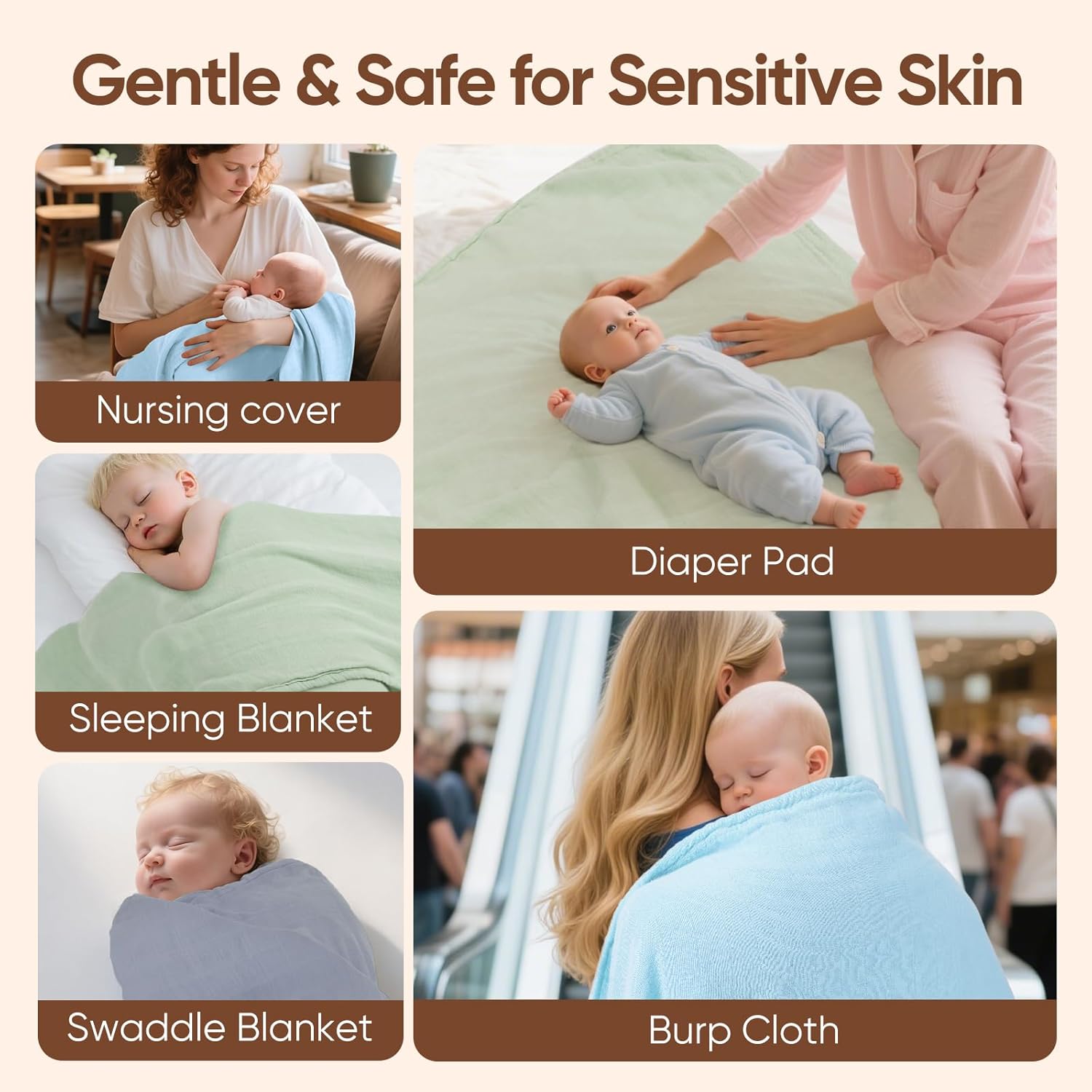 Muslin Swaddle Blankets, Nursery Receiving Blanket for Newborn, Baby Swaddle Wrap Soft Silky &