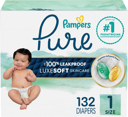Pampers Pure Protection Baby Diapers, Size 1 (8-14 lbs), 132 Count, Up to 100% Leakproof, Premium Plant-based Skin Protection, Hypoallergenic Soft Diapers